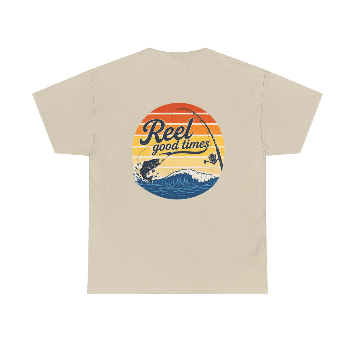 Reel Good Mates Times fishing logo vintage sunset ocean design cotton tee