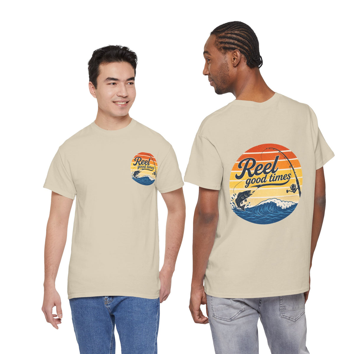 Reel Good Mates Times fishing logo vintage sunset ocean design cotton tee