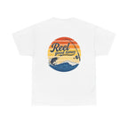Reel Good Mates Times fishing logo vintage sunset ocean design cotton tee