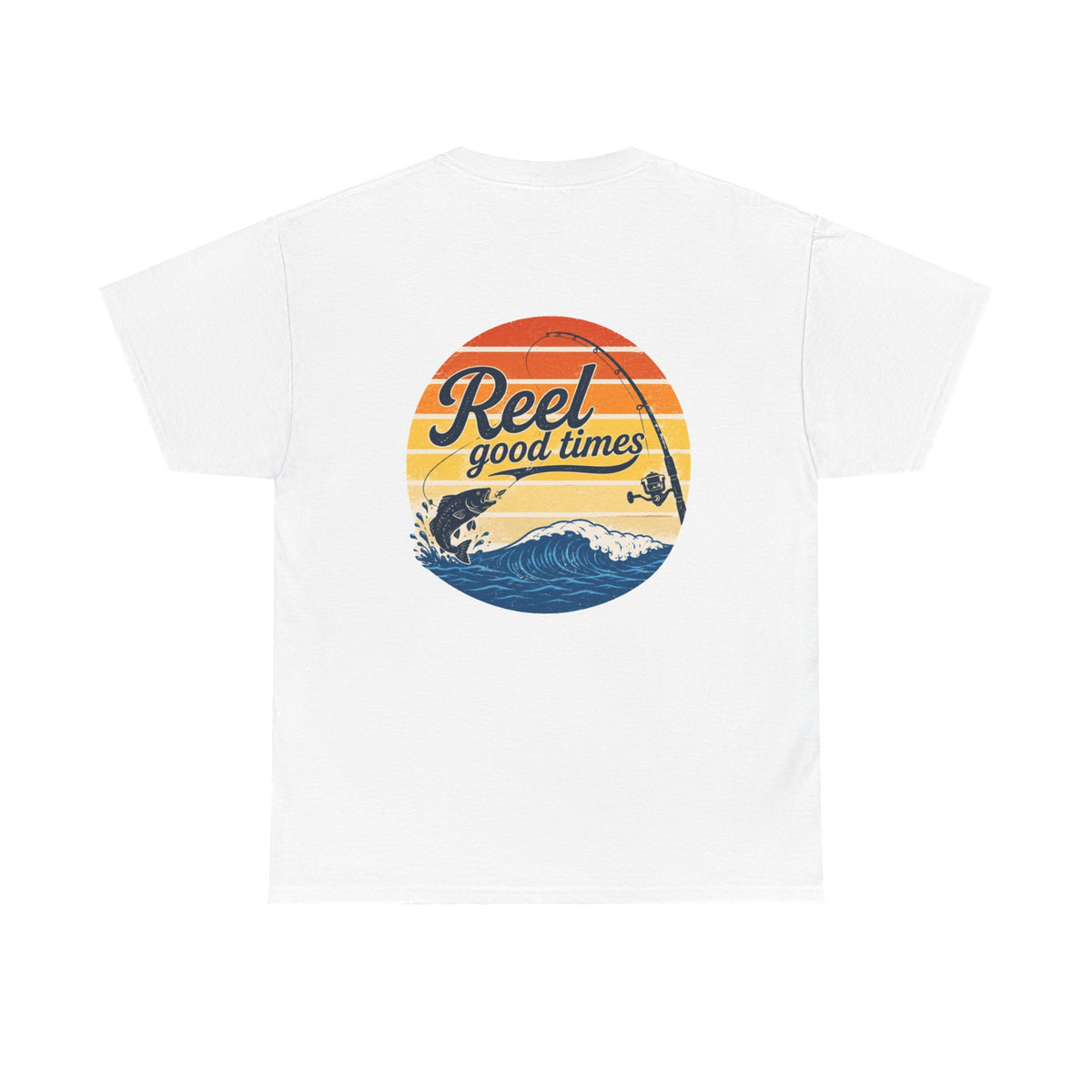 Reel Good Mates Times fishing logo vintage sunset ocean design cotton tee