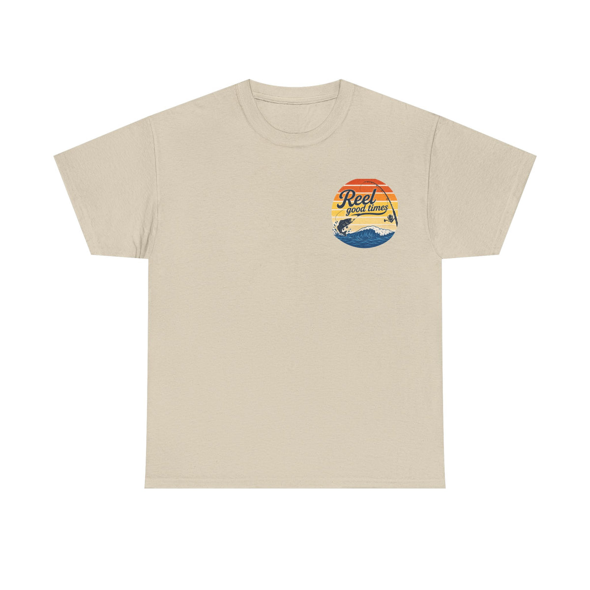 Reel Good Mates Times fishing logo vintage sunset ocean design cotton tee