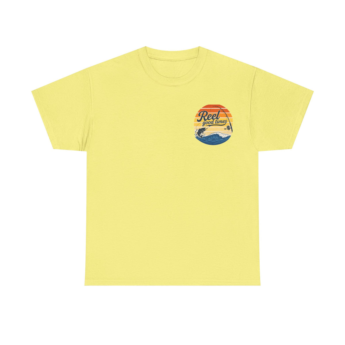 Reel Good Mates Times fishing logo vintage sunset ocean design cotton tee