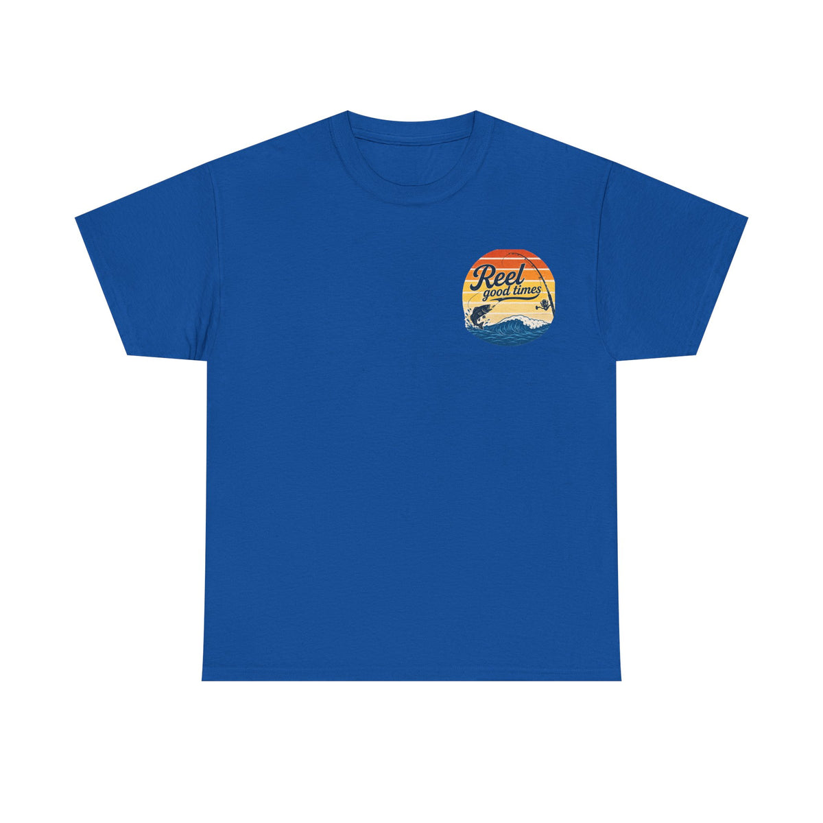 Reel Good Mates Times fishing logo vintage sunset ocean design cotton tee