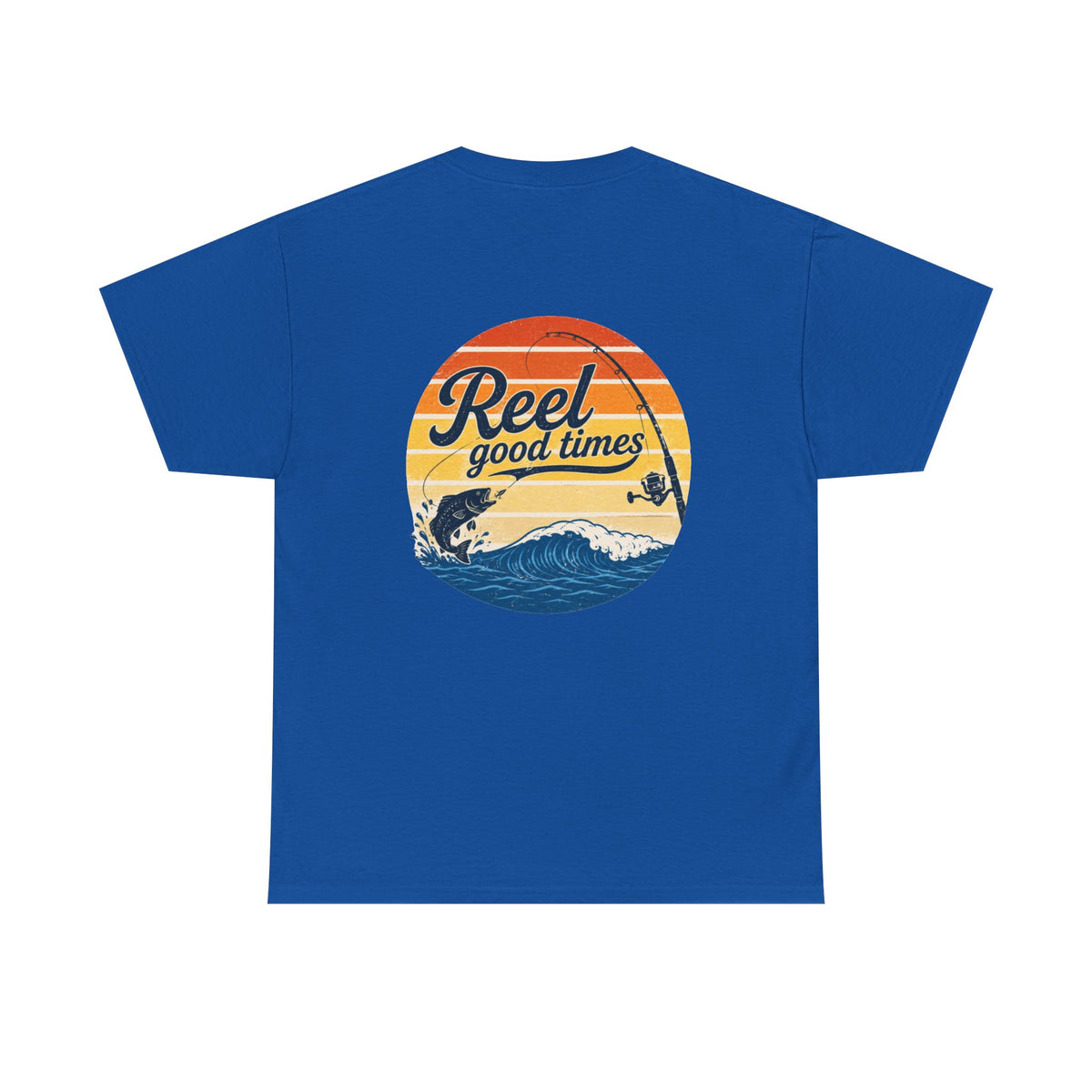 Reel Good Mates Times fishing logo vintage sunset ocean design cotton tee