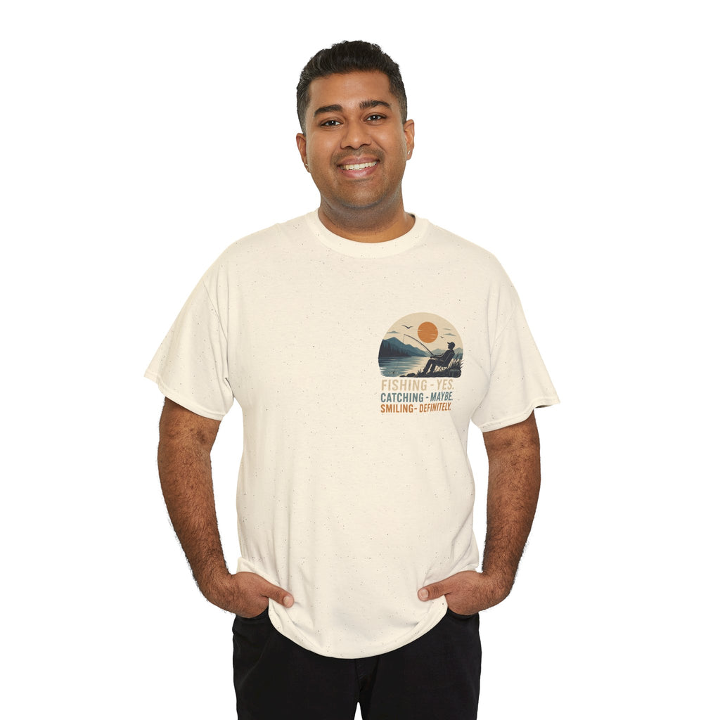 Reel Good Mates Fishing Yes Catching Maybe Heavy Cotton T-Shirt