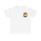 Reel Good Mates Times fishing logo vintage sunset ocean design cotton tee
