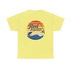 Reel Good Mates Times fishing logo vintage sunset ocean design cotton tee