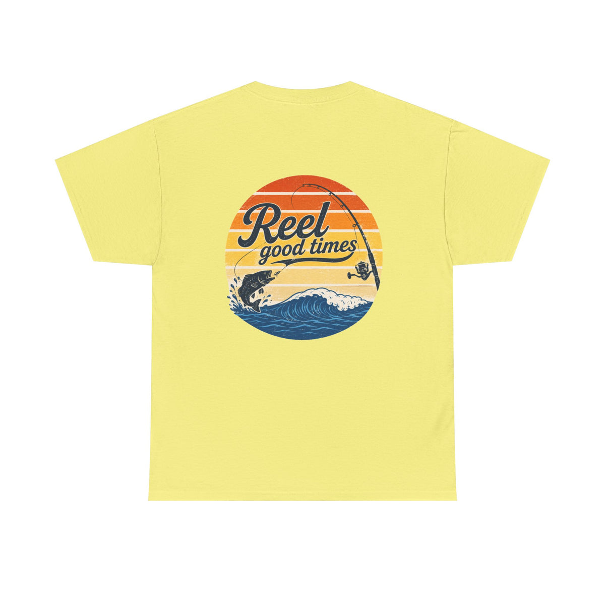 Reel Good Mates Times fishing logo vintage sunset ocean design cotton tee