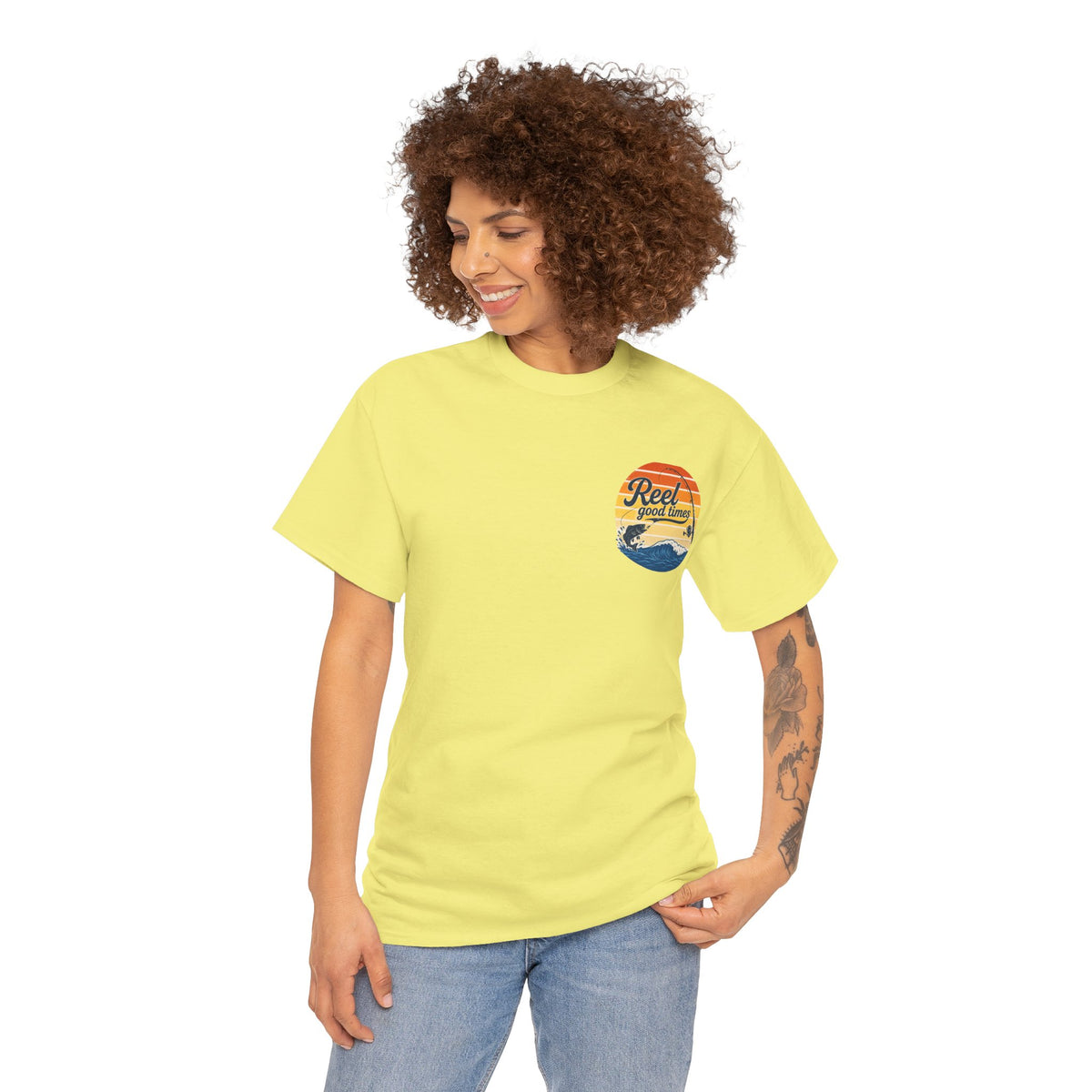 Reel Good Mates Times fishing logo vintage sunset ocean design cotton tee